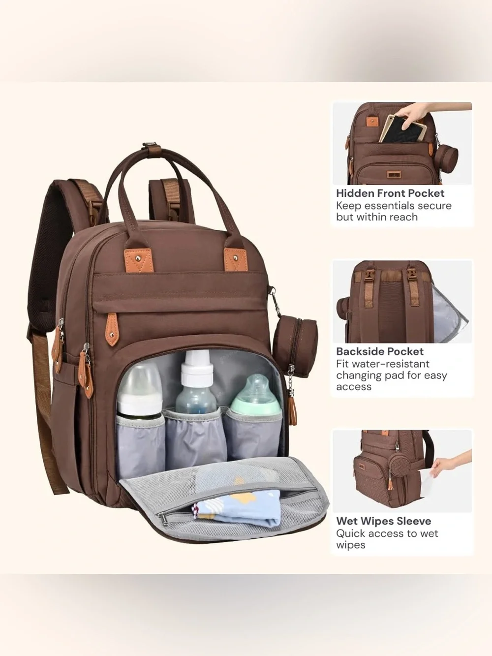 BabbleRoo Travel Diaper Multi Bag Laptop Backpack Coffee Brown Baby Gear Autumn